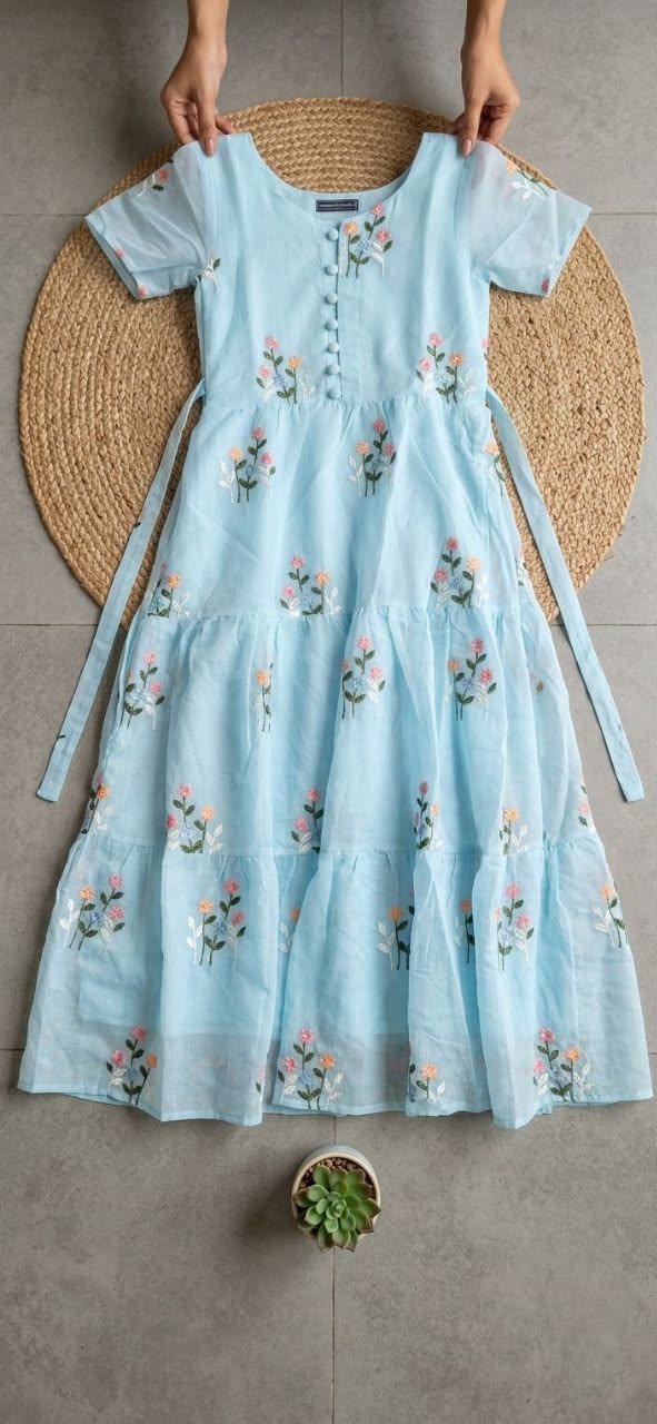 Women's Embroidered Chanderi Cotton Maxi Dress – Floral Embroidery with Full Lining - Image 3