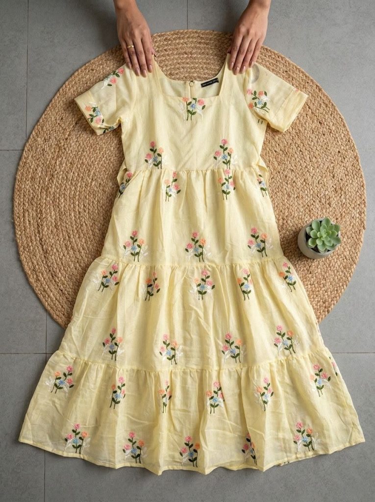 Women's Embroidered Chanderi Cotton Maxi Dress – Floral Embroidery with Full Lining