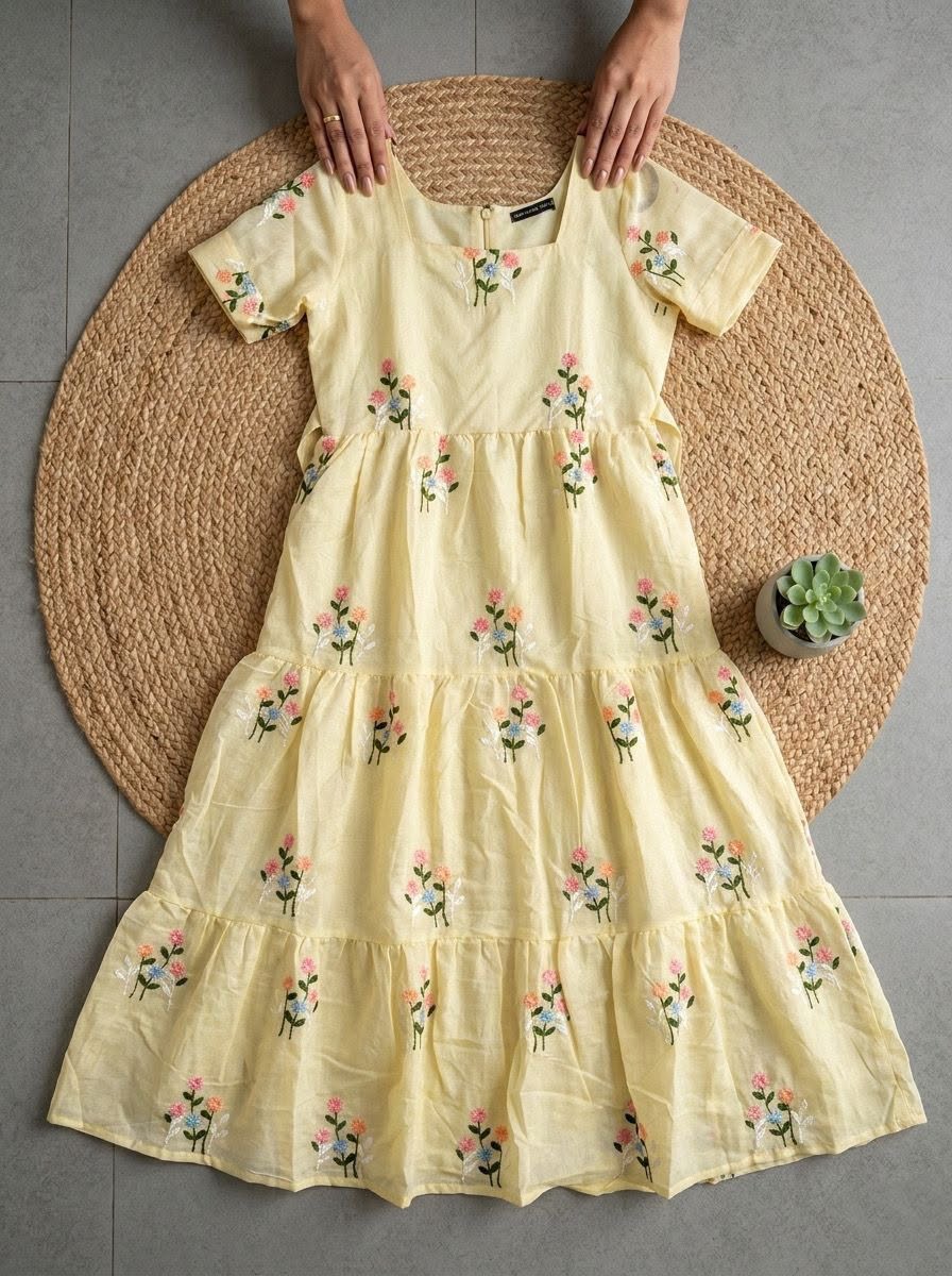 Women's Embroidered Chanderi Cotton Maxi Dress – Floral Embroidery with Full Lining - Image 2