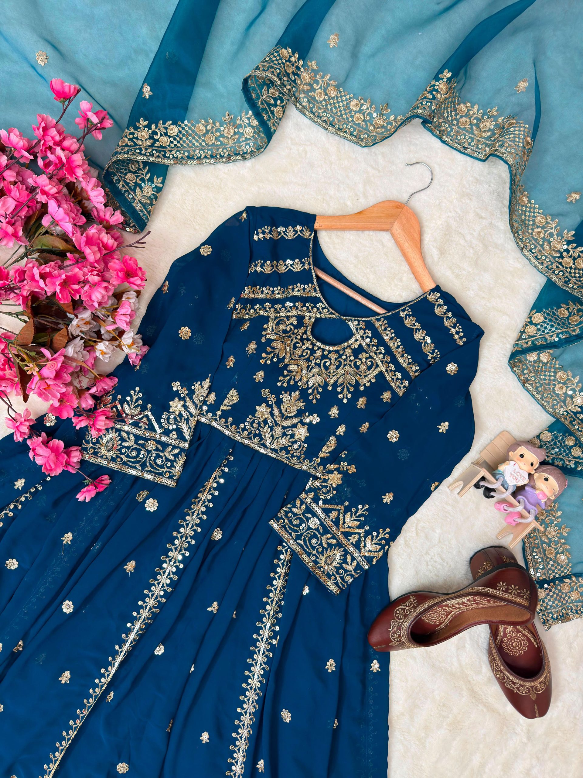 Women's Faux Georgette Anarkali Gown Set with Pant & Organza Silk Dupatta – Sequins & Zari Work - Image 3