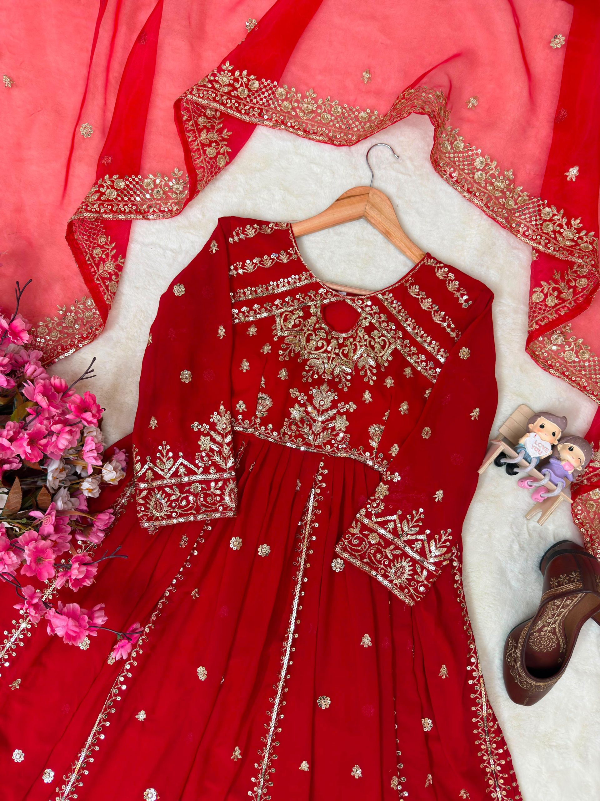 Women's Faux Georgette Anarkali Gown Set with Pant & Organza Silk Dupatta – Sequins & Zari Work - Image 4