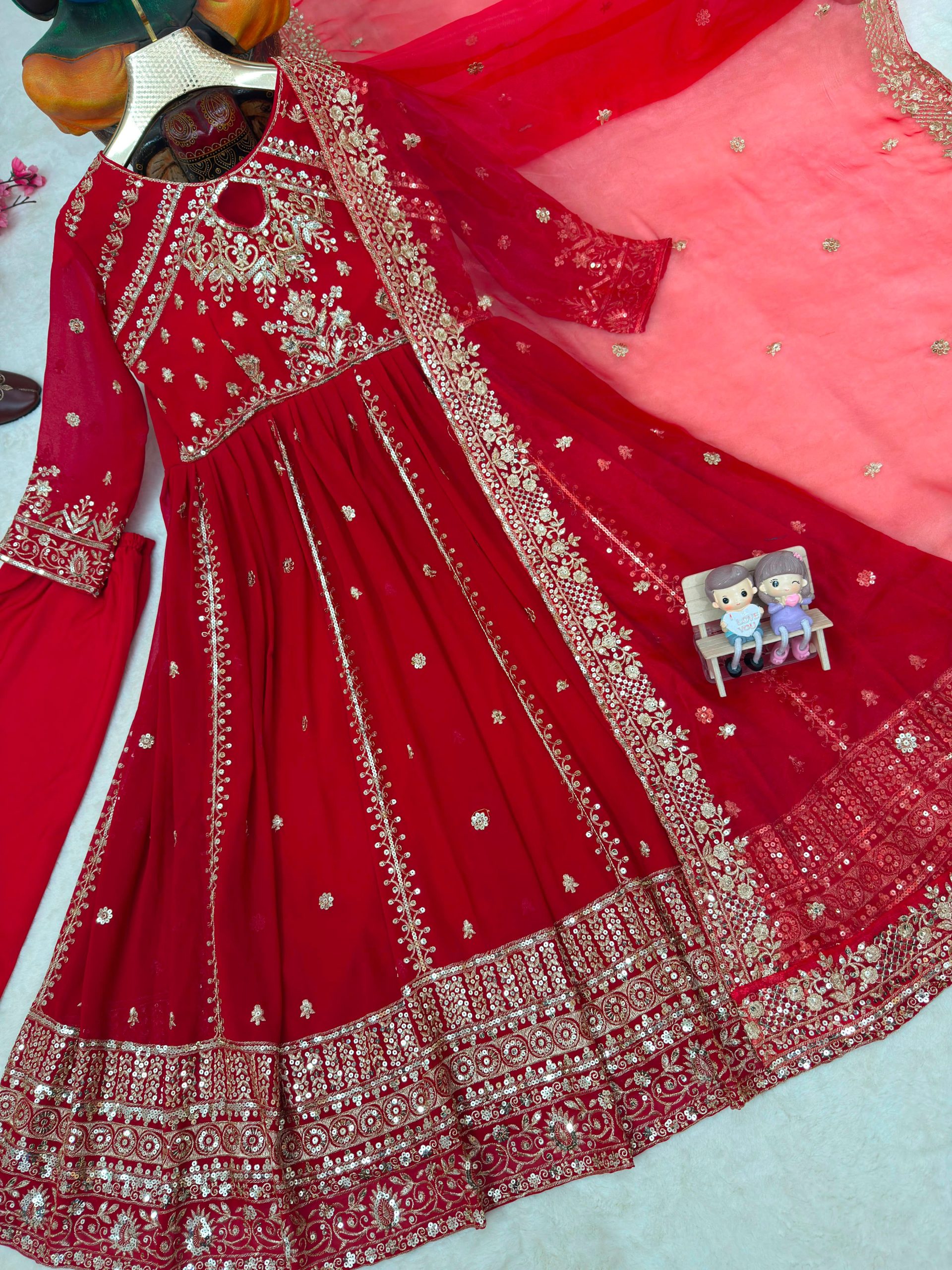 Women's Faux Georgette Anarkali Gown Set with Pant & Organza Silk Dupatta – Sequins & Zari Work - Image 5