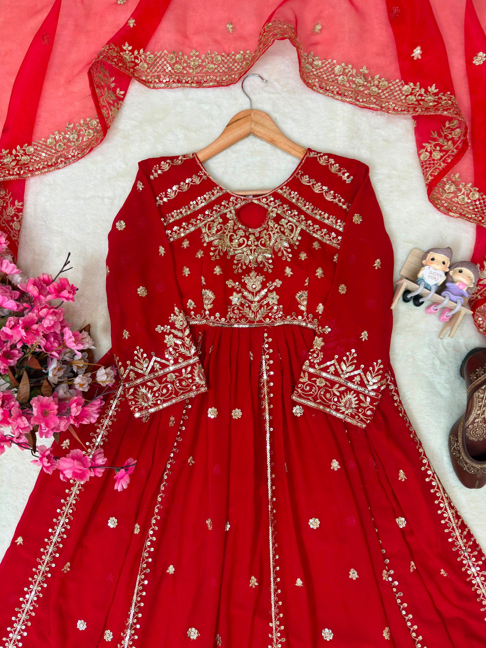 Women's Faux Georgette Anarkali Gown Set with Pant & Organza Silk Dupatta – Sequins & Zari Work - Image 2