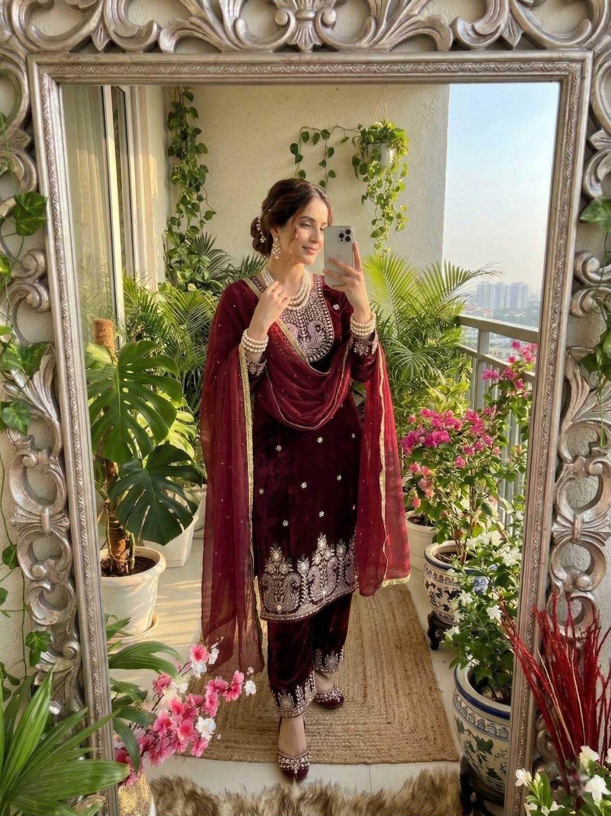 Women's Designer Velvet Kurta Pant & Faux Georgette Dupatta Set – Beads & Sequins Embellished Party Wear - Image 3