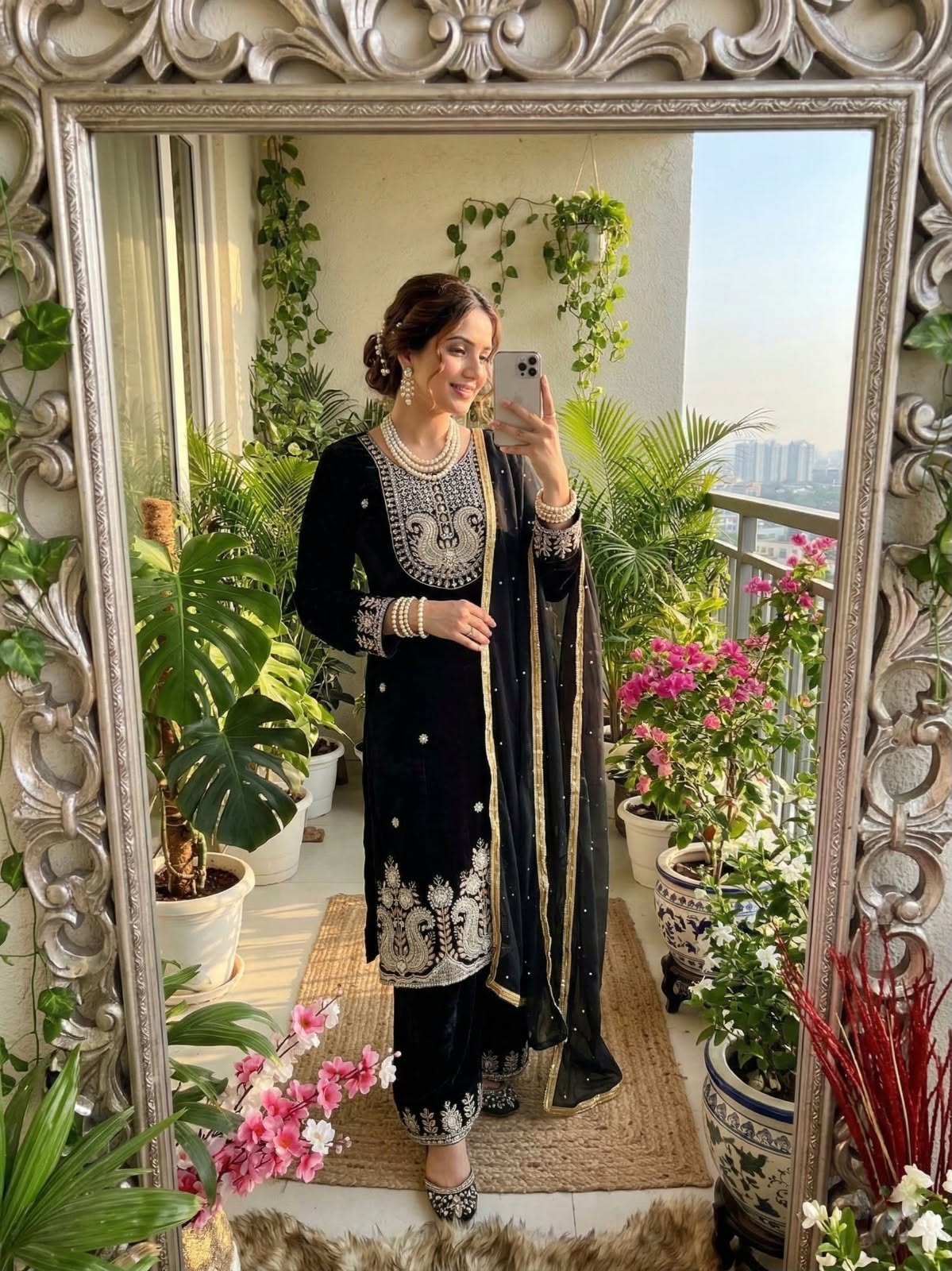 Women's Designer Velvet Kurta Pant & Faux Georgette Dupatta Set – Beads & Sequins Embellished Party Wear - Image 4