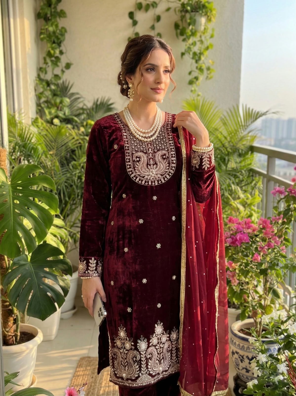Women's Designer Velvet Kurta Pant & Faux Georgette Dupatta Set – Beads & Sequins Embellished Party Wear - Image 5