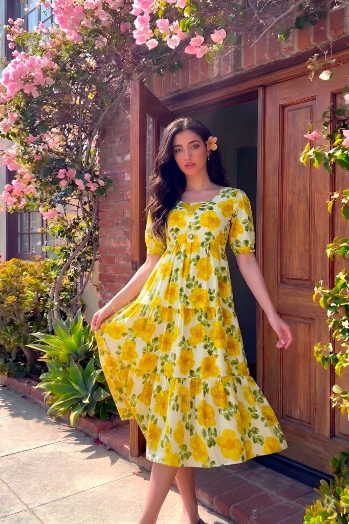 Women's Floral Printed Vichitra Silk Frock Dress – 5 Meter Flair Party & Festive Wear