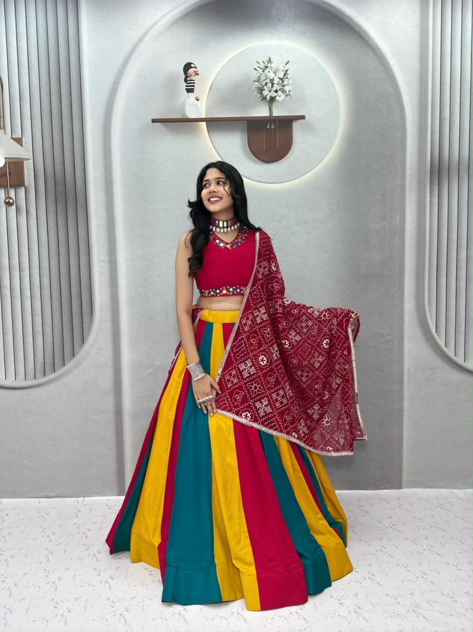 Women's Navratri Special Cotton Lehenga Choli with Vintage Dupatta – Hand Mirror Work | 6 Meter Flair