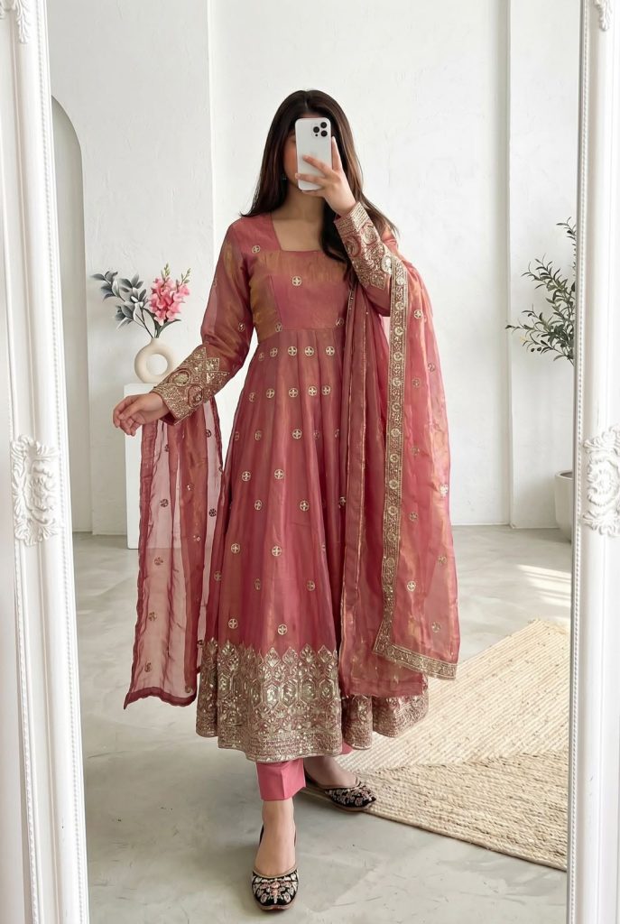 Women's Heavy Fandy Silk Embroidered Gown Set with Pant & Dupatta – Designer Party Wear