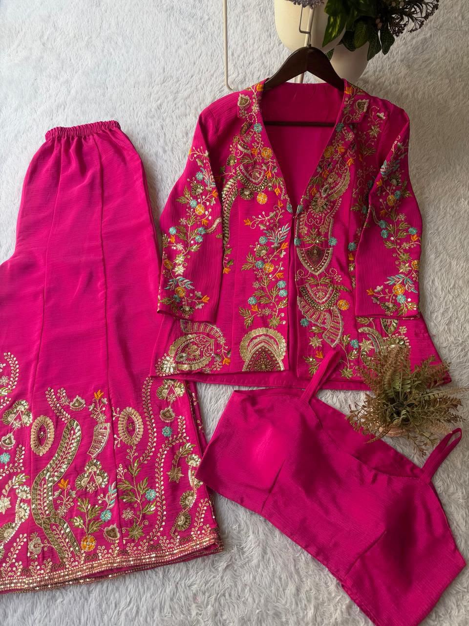 Women's Designer Chinon Palazzo Set with Embroidered Koti & Blouse