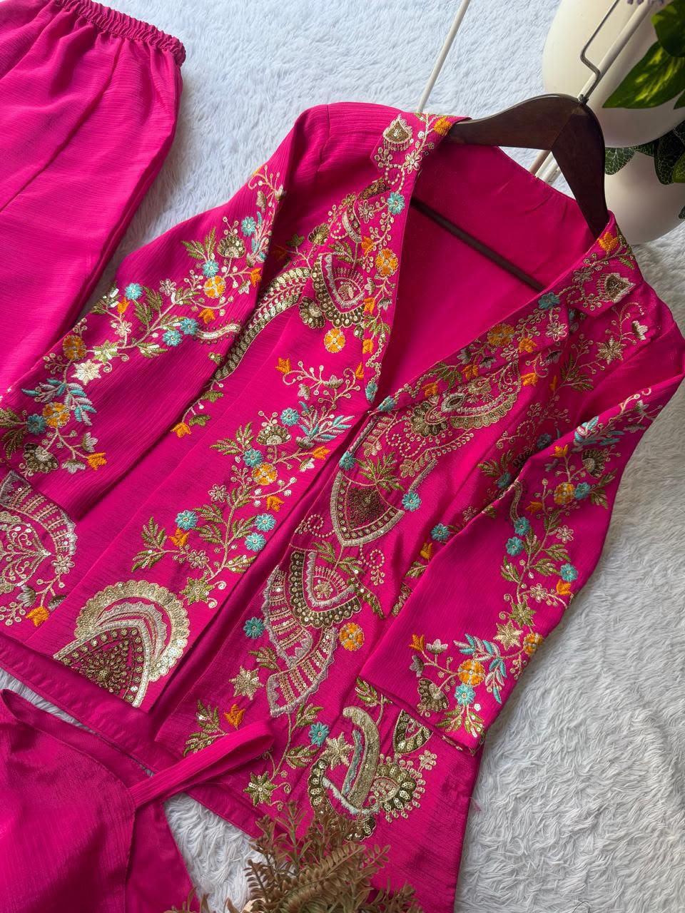 Women's Designer Chinon Palazzo Set with Embroidered Koti & Blouse - Image 4