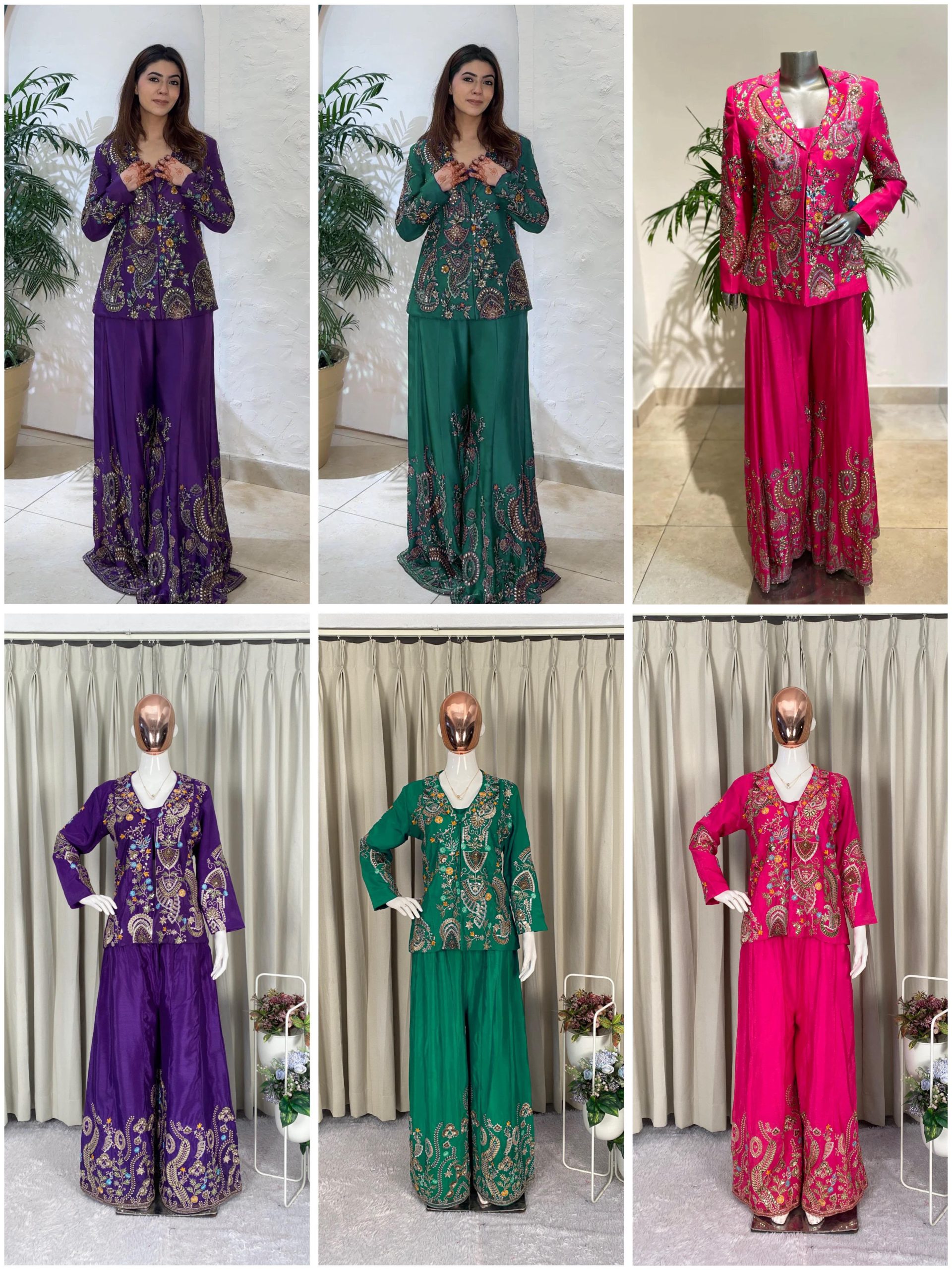 Women's Designer Chinon Palazzo Set with Embroidered Koti & Blouse - Image 2