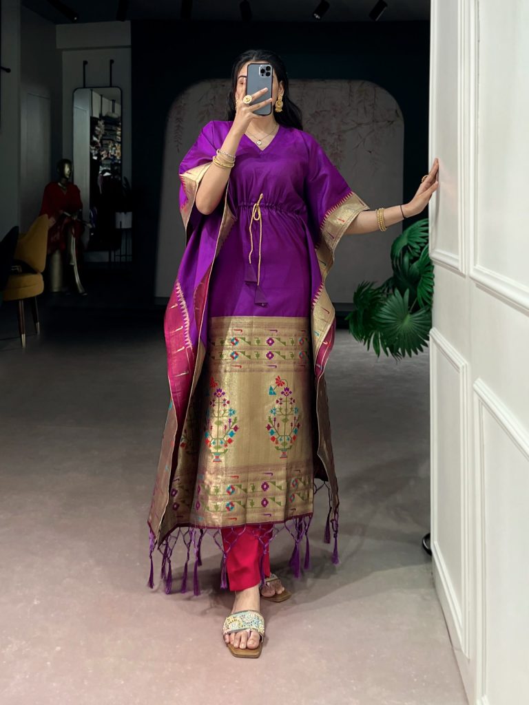 Women's Jacquard Paithani Kaftan with Zari Weaving Work