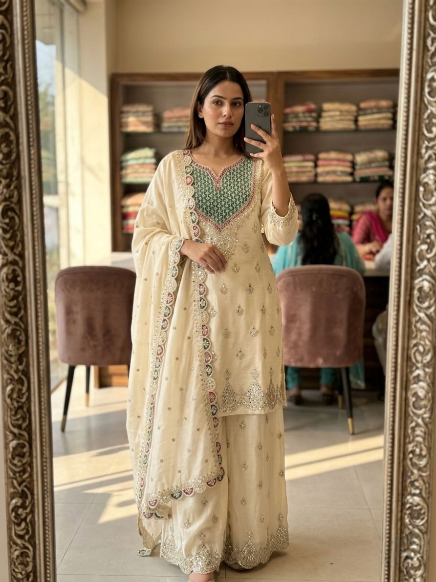 Women's Designer Chinon Silk Sharara Suit Set with Embroidered Dupatta - Image 4