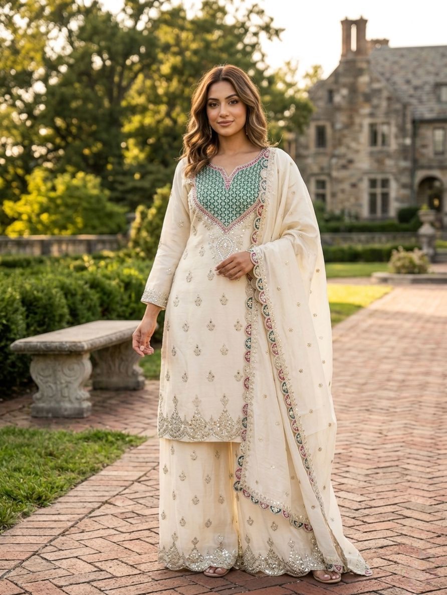 Women's Designer Chinon Silk Sharara Suit Set with Embroidered Dupatta - Image 3