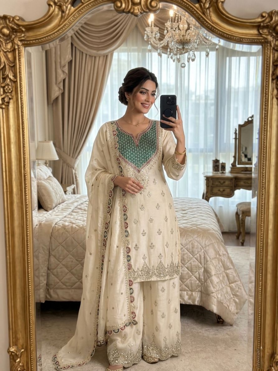 Women's Designer Chinon Silk Sharara Suit Set with Embroidered Dupatta - Image 6