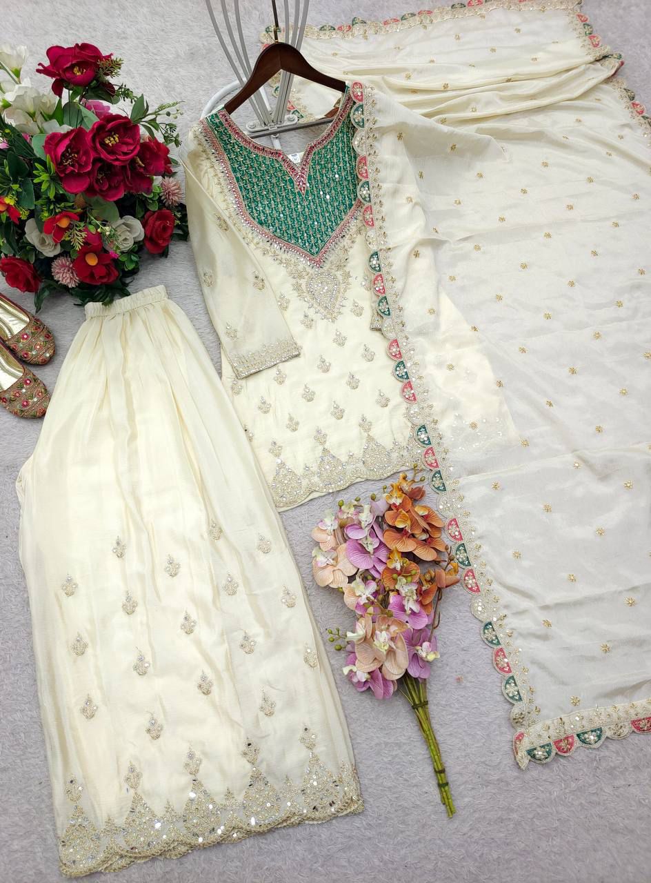 Women's Designer Chinon Silk Sharara Suit Set with Embroidered Dupatta - Image 5