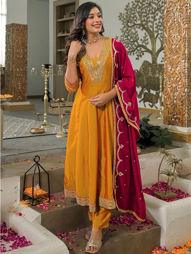 Women's Vichitra Silk Embroidered Anarkali Kurti Pant Set with Dupatta