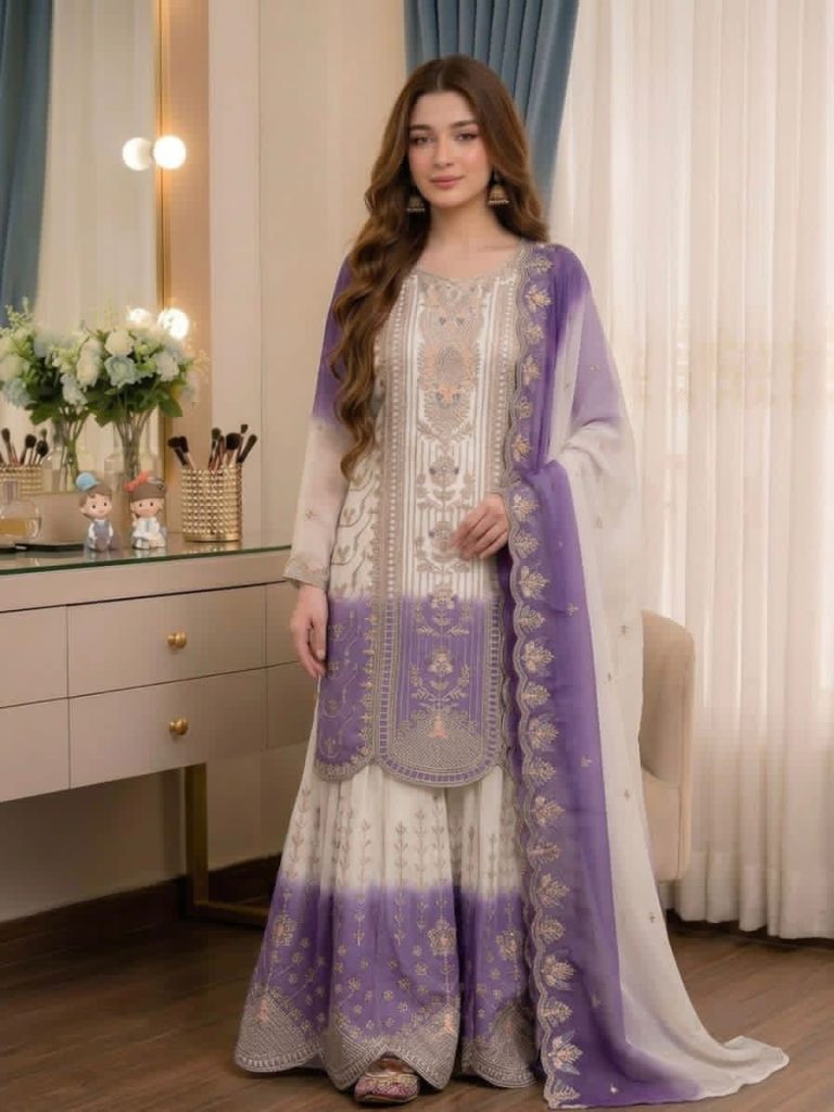 Women's Heavy Dual Tone Star Georgette Embroidered Kurti Palazzo Set with Dupatta