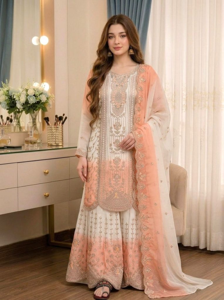 Women's Heavy Dual Tone Star Georgette Embroidered Kurti Palazzo Set with Dupatta