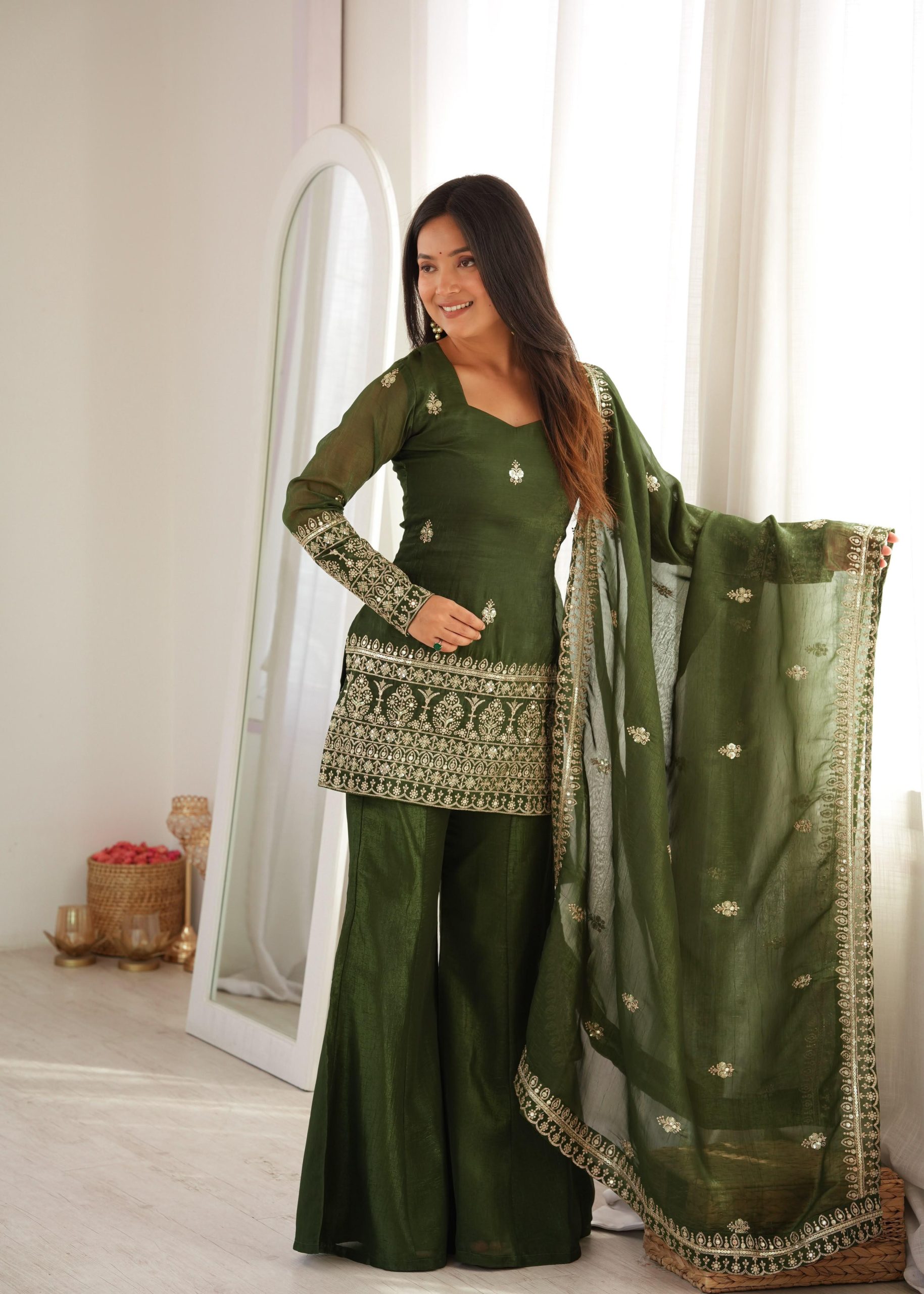 Women's Cotton Blend Embroidered Kurti Pant Set with Jacquard Dupatta - Image 2