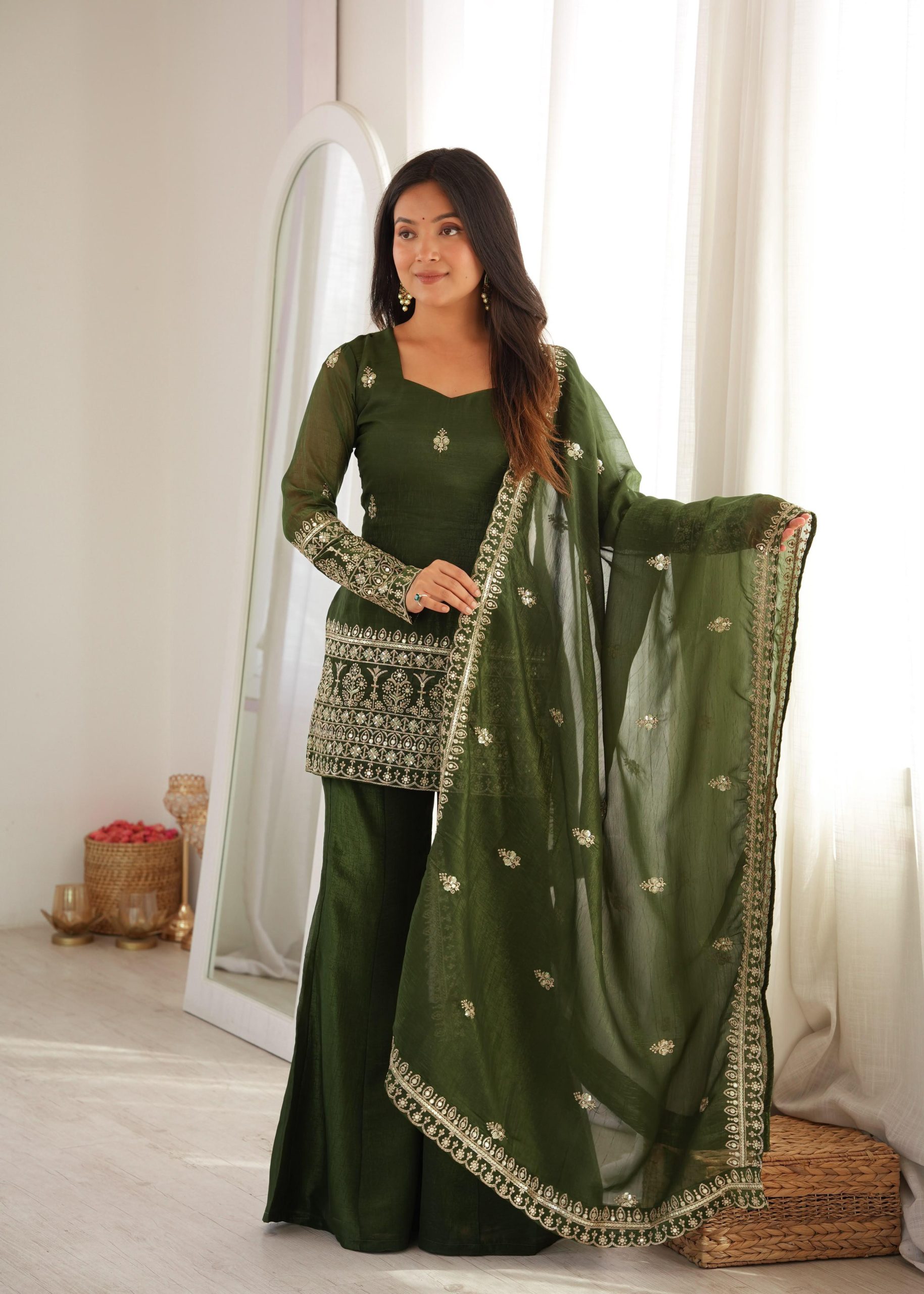 Women's Cotton Blend Embroidered Kurti Pant Set with Jacquard Dupatta