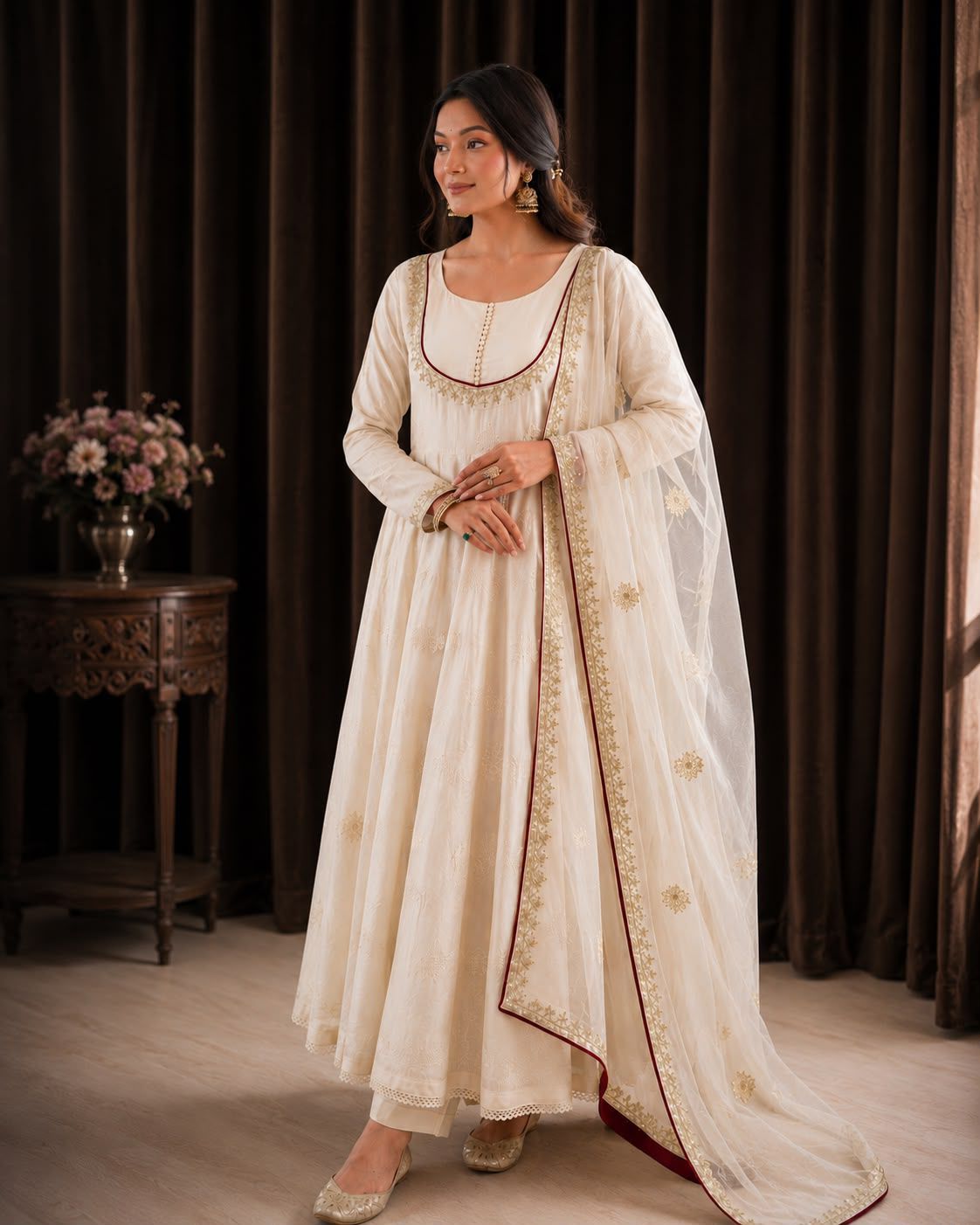 Women's Pure Roman Cotton Embroidered Anarkali Gown Set with Pant & Organza Dupatta - Image 3