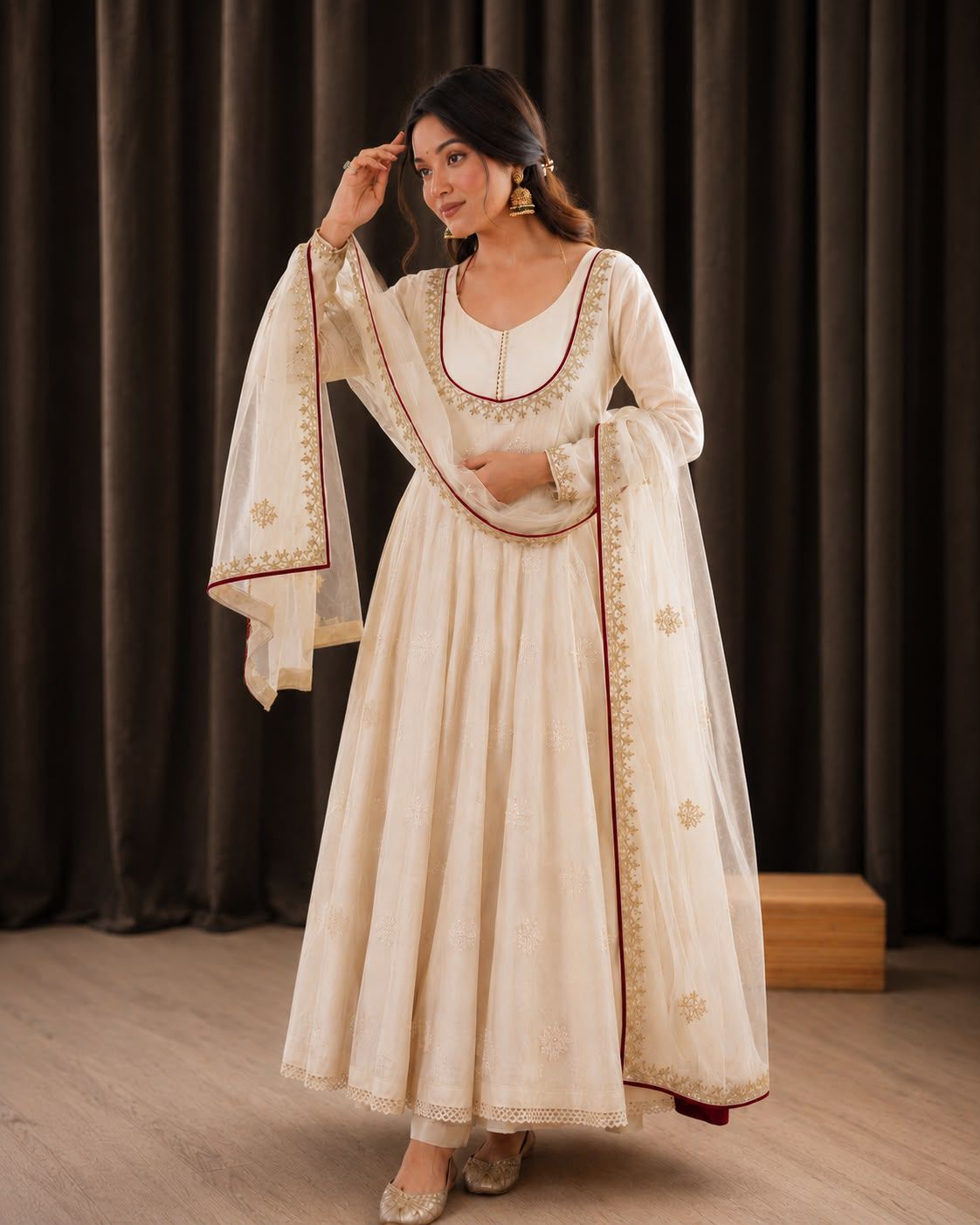 Women's Pure Roman Cotton Embroidered Anarkali Gown Set with Pant & Organza Dupatta - Image 5