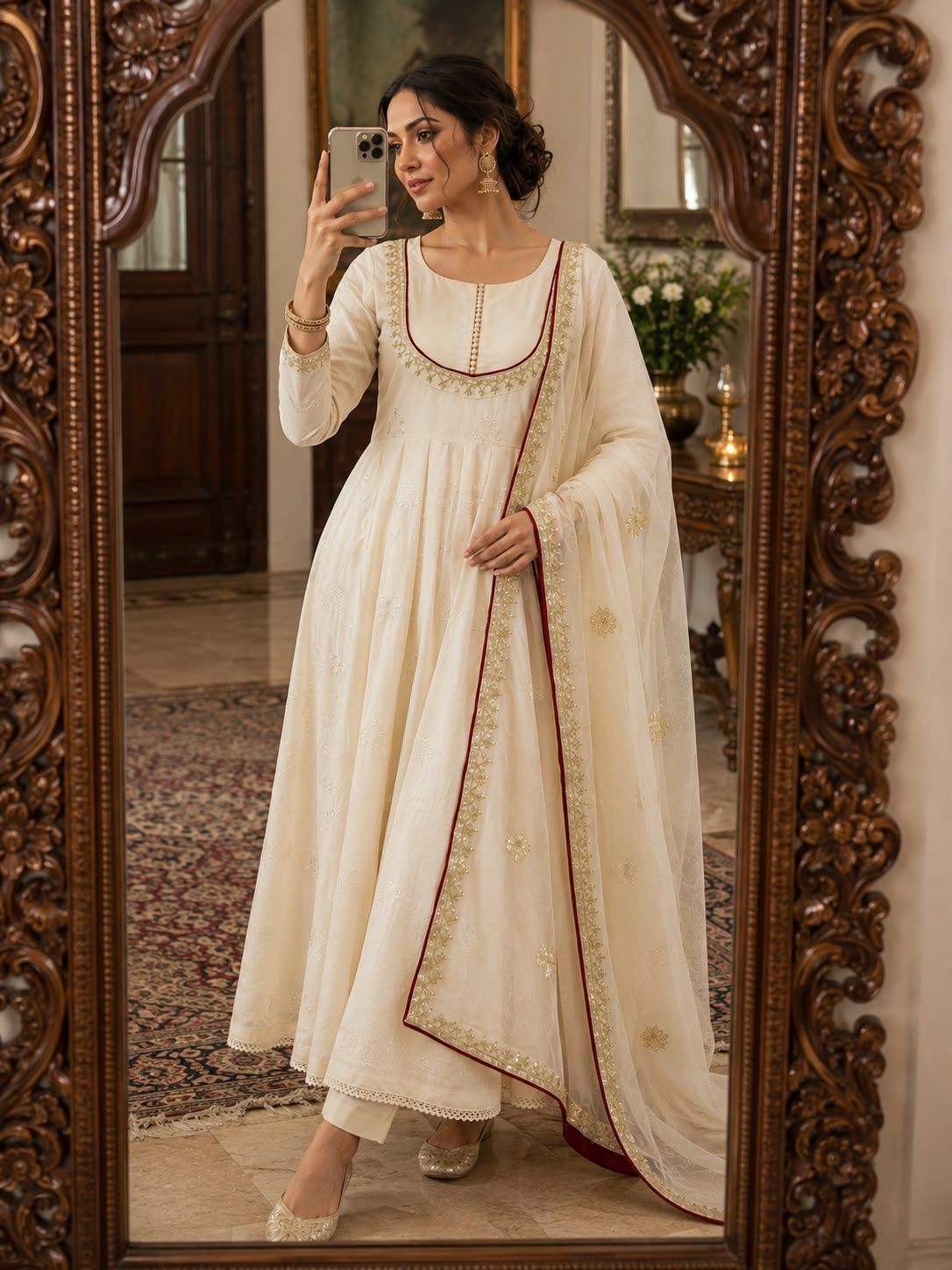 Women's Pure Roman Cotton Embroidered Anarkali Gown Set with Pant & Organza Dupatta