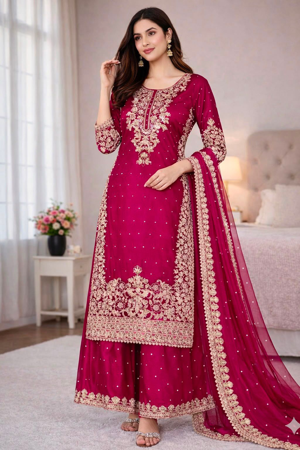 Women's GMY Silk Embroidered Kurti Palazzo Set with Dupatta