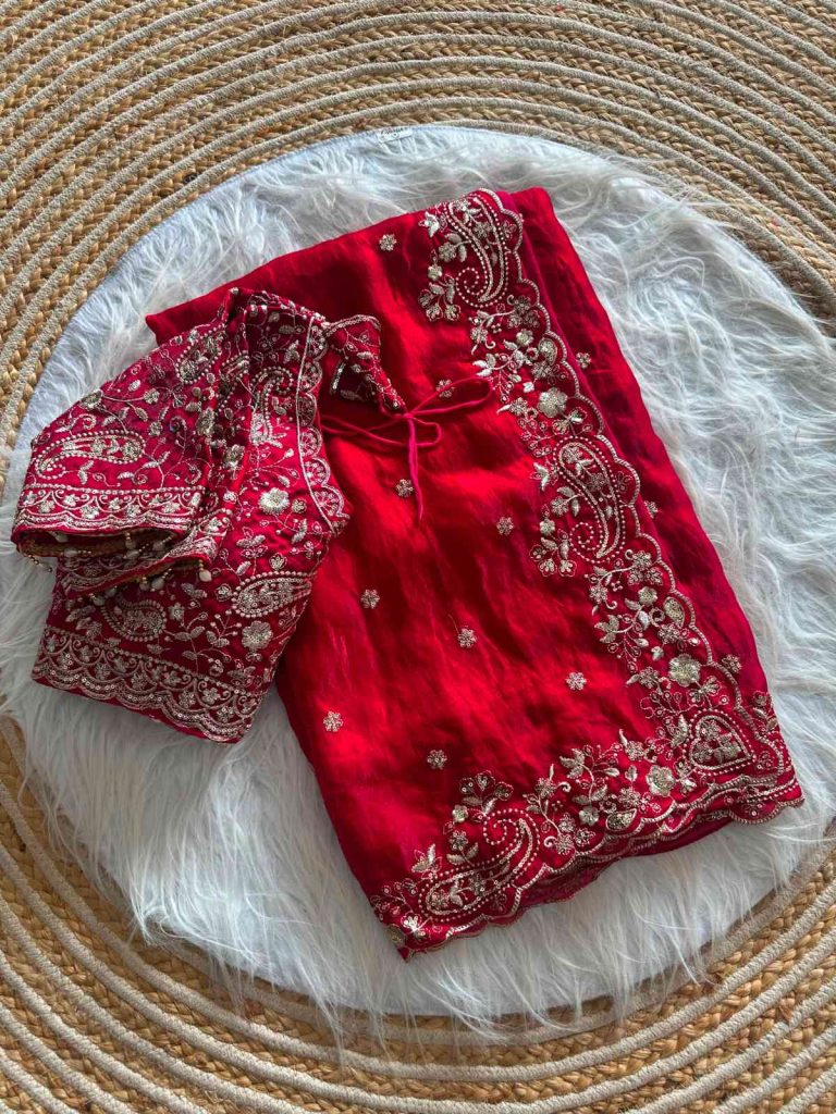 Women's Pure Soft Fandy Satin Silk Saree with Embroidered Blouse