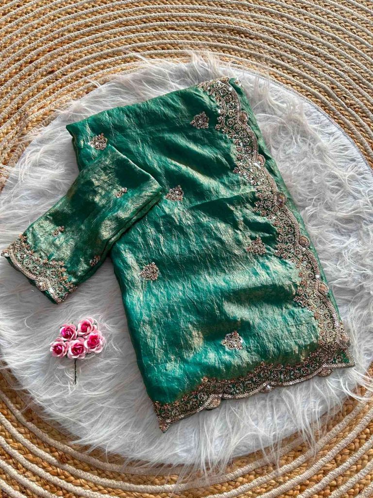 Women's Pure Row Silk Hand Dyed Saree with Kashmiri Weaving & Contrast Blouse