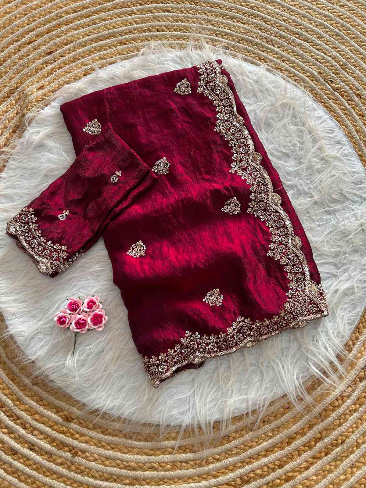 Women's Ready-to-Wear Heavy Fandy Satin Embroidered Saree with Designer Banglori Blous