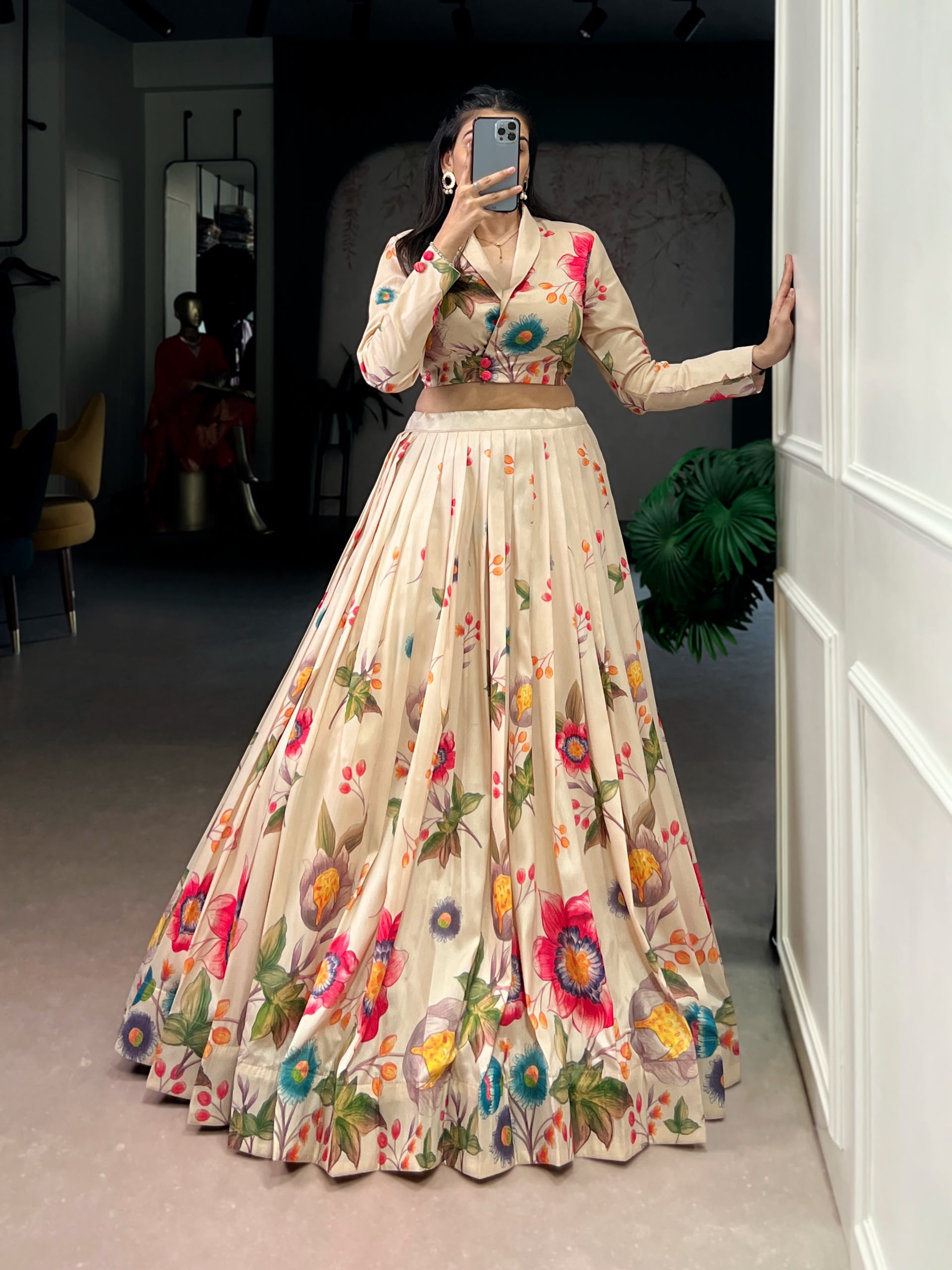 Women's Floral Printed Tasar Silk Lehenga Co-Ord Set – Designer Stitched Lehenga & Blouse