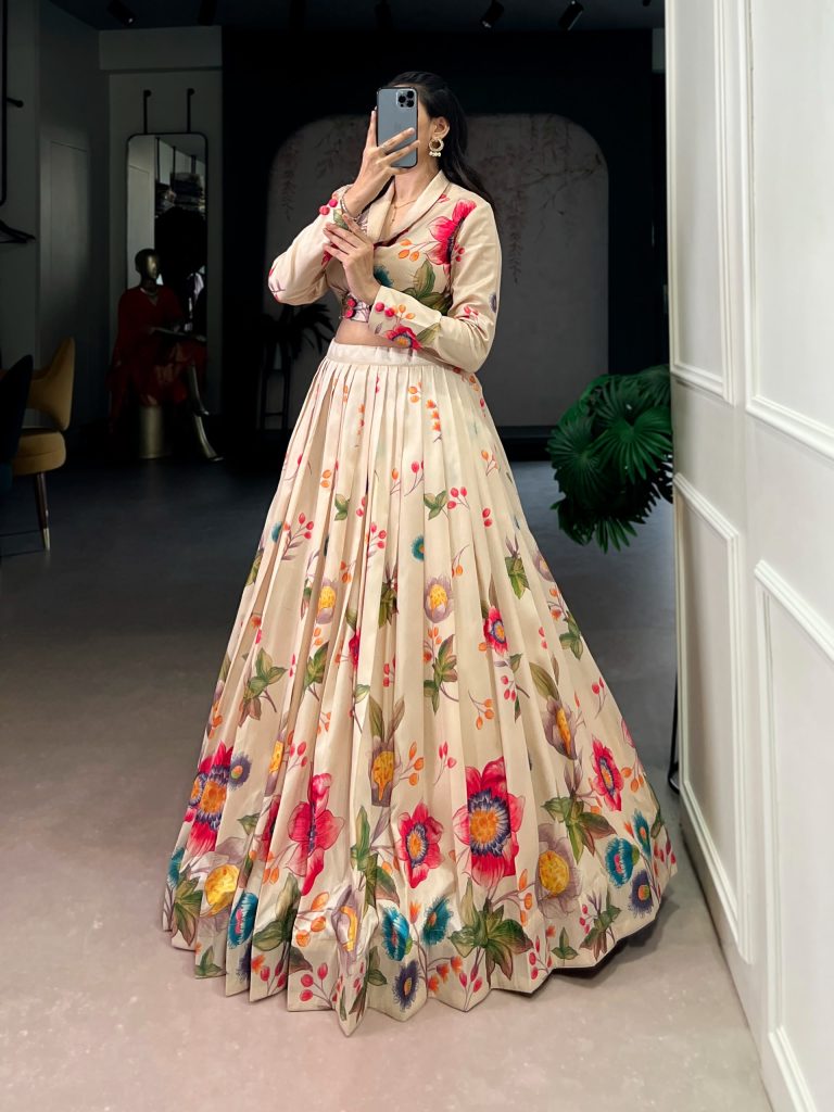 Women's Floral Printed Tasar Silk Lehenga Co-Ord Set – Designer Stitched Lehenga & Blouse