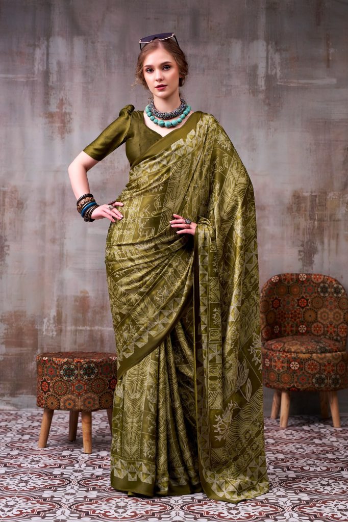 Women's Satin Silk Printed Saree with Unstitched Blouse