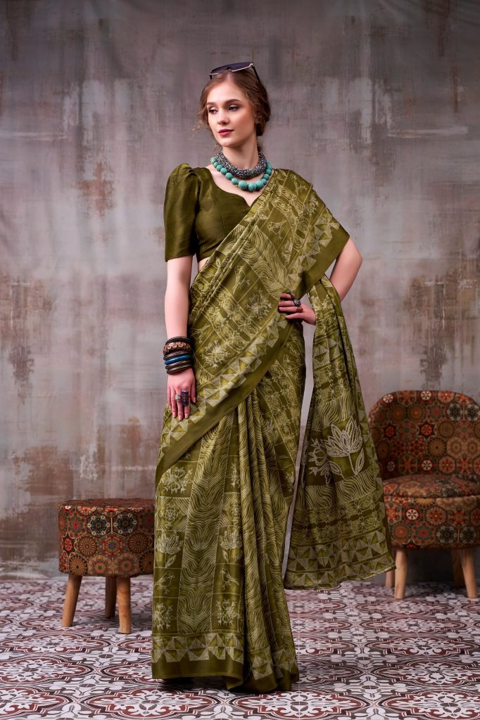 Women's Satin Silk Printed Saree with Unstitched Blouse
