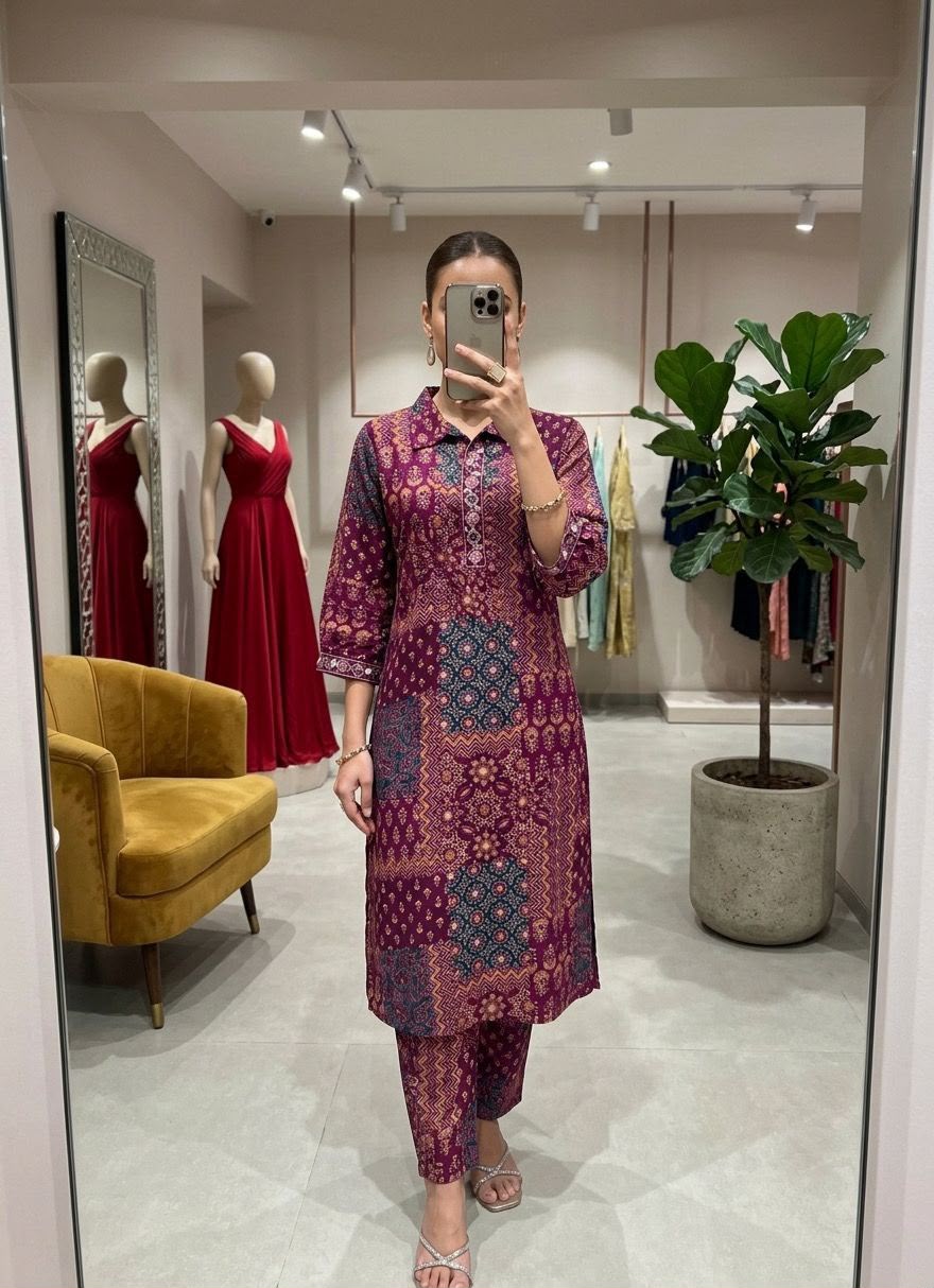 Women's Roman Silk Kurta Set with Collar Neck, Pocket & Dupatta – 3 Piece Ethnic Wear - Image 3