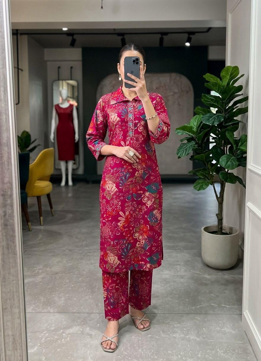 Women's Roman Silk Kurta Set with Collar Neck, Pocket & Dupatta – 3 Piece Ethnic Wear