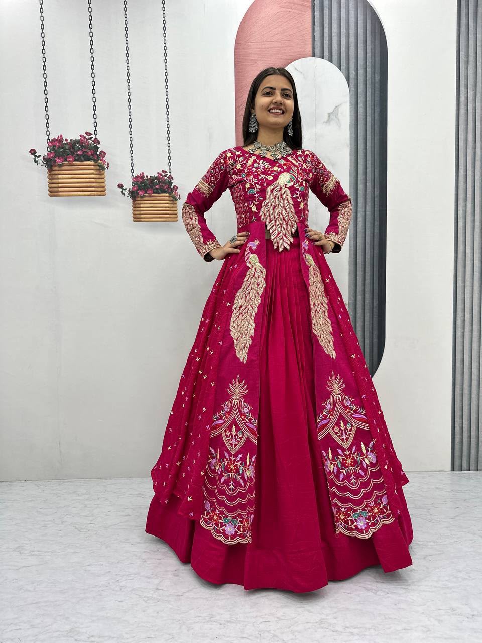 Designer Pure Vichitra Crop Top Lehenga Set with Shrug for Women - Image 2