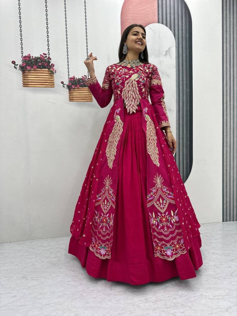 Designer Pure Vichitra Crop Top Lehenga Set with Shrug for Women