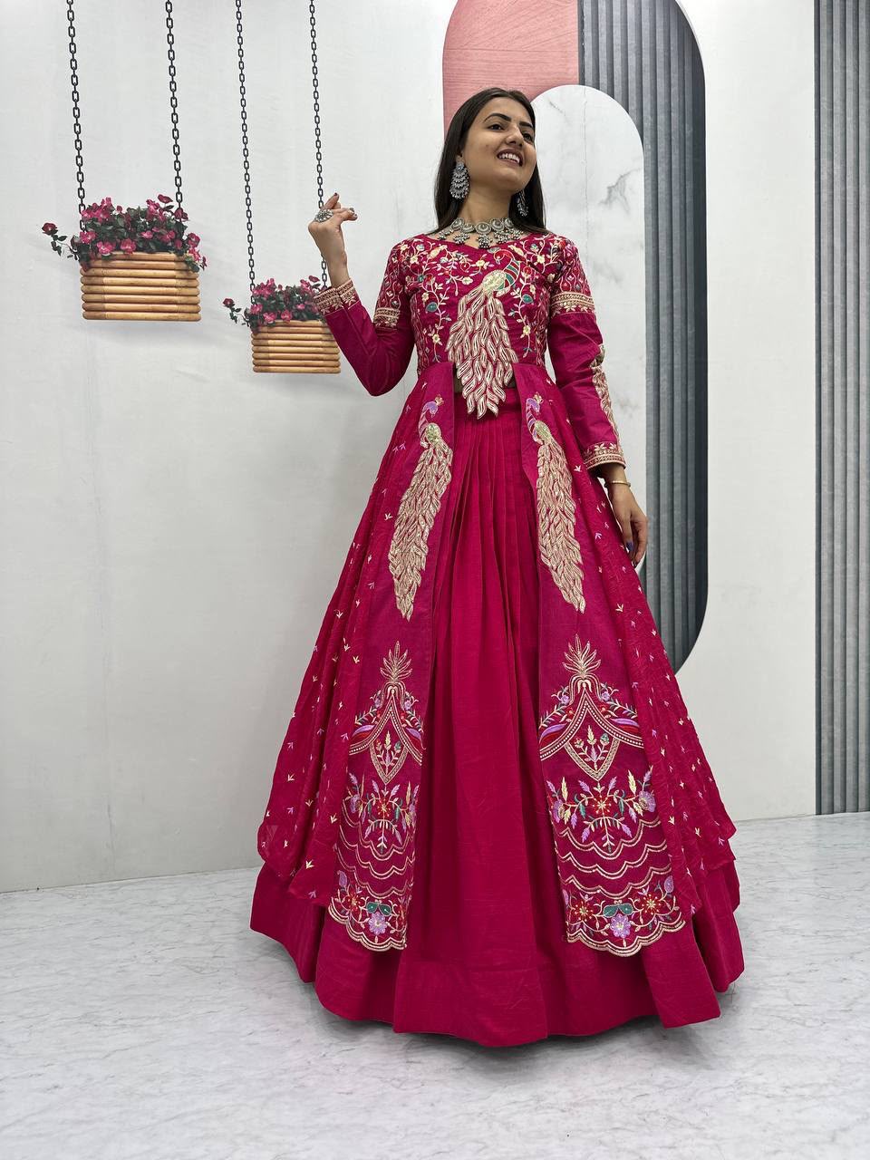 Designer Pure Vichitra Crop Top Lehenga Set with Shrug for Women