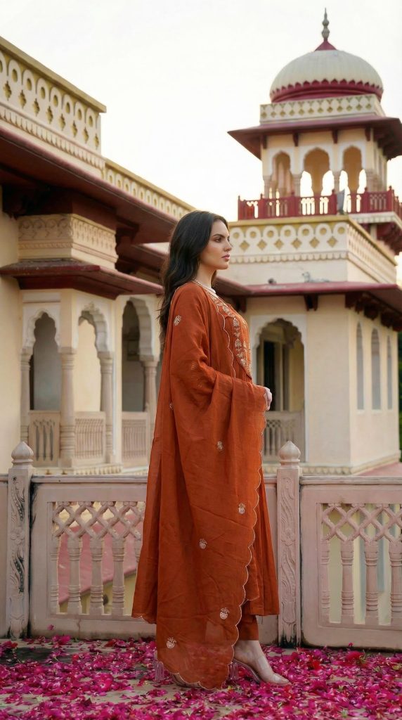 Women's Chanderi Silk Embroidered Kurti Palazzo Set with Organza Dupatta