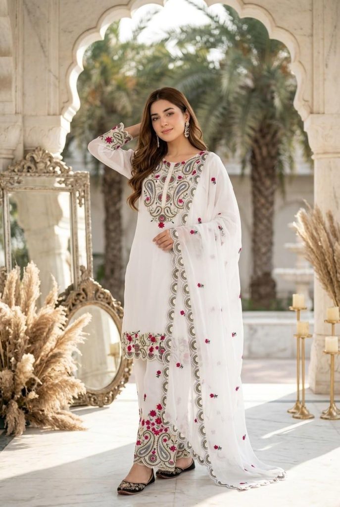 Women's Heavy Roman Silk Embroidered Palazzo Suit Set with Sequence Work & Dupatta
