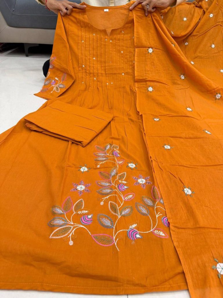 Women's Madhavi Pure Cotton 60x60 Suit Set with Embroidered Dupatta & Handwork Neck