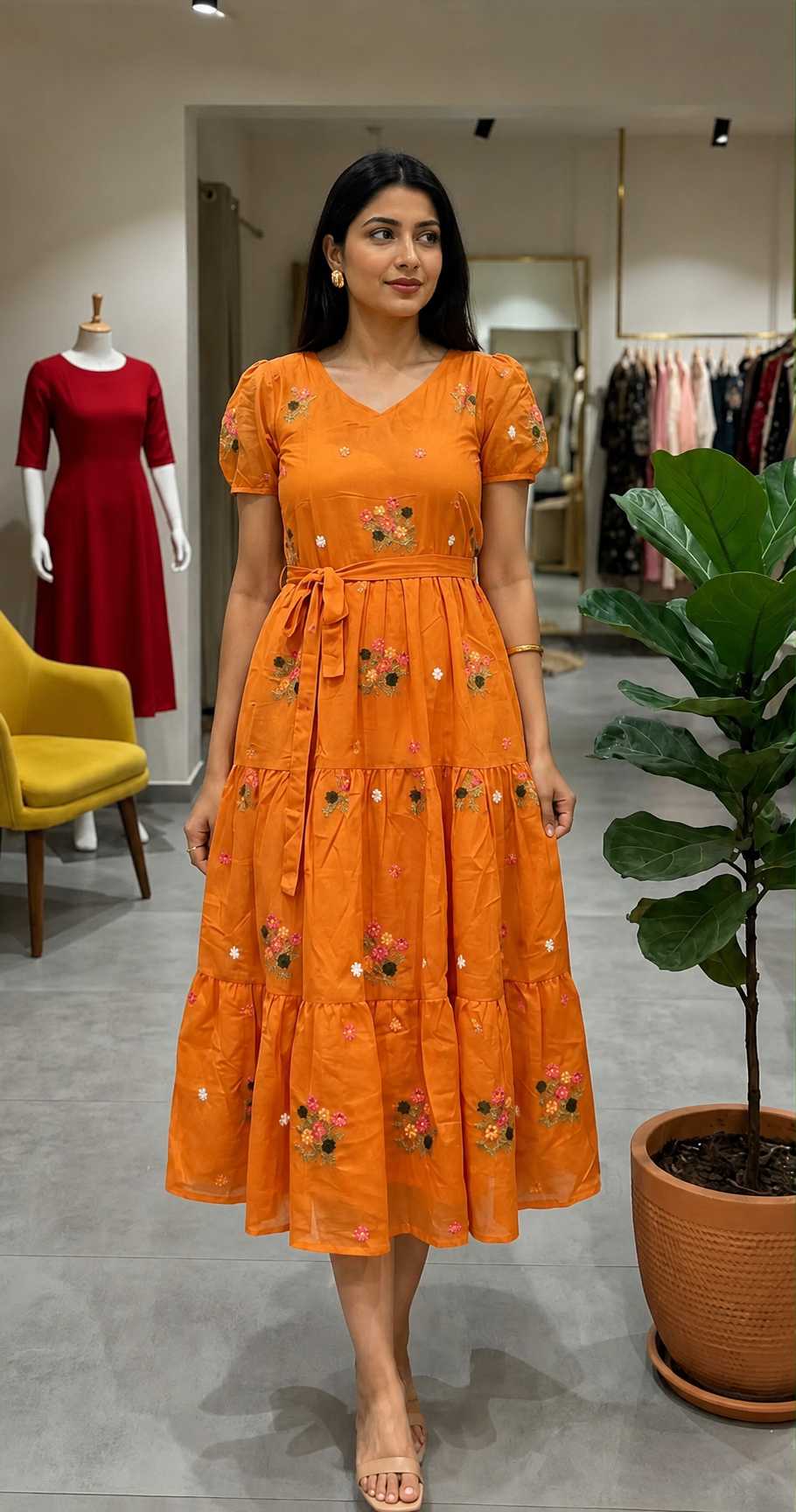 Women's Embroidered Chanderi Cotton Maxi Dress – Floral Embroidery with Full Lining