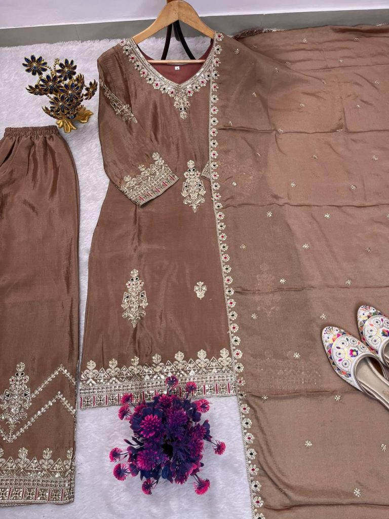 Heavy Embroidery Sequence Work Chinnon Silk Top Plazo Dupatta Set