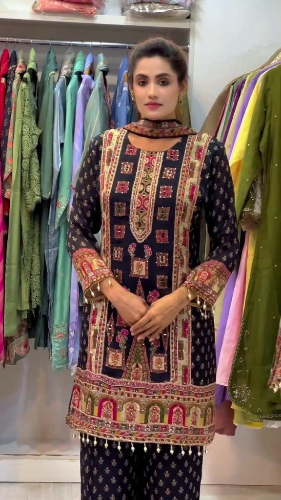 Chinnon Silk Digital Print Heavy Stone Work Top Pant Dupatta Set