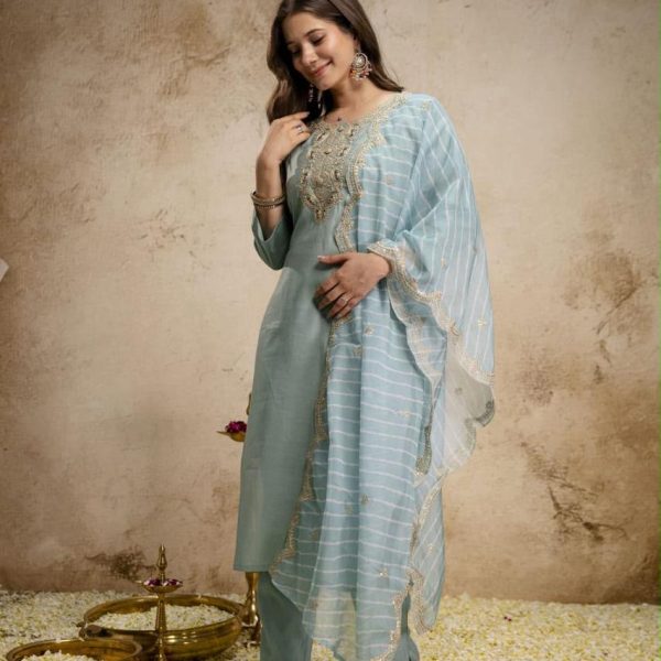 Pure Viscose Chanderi Sequence Coding Embroidery Kurti Pant Dupatta Set