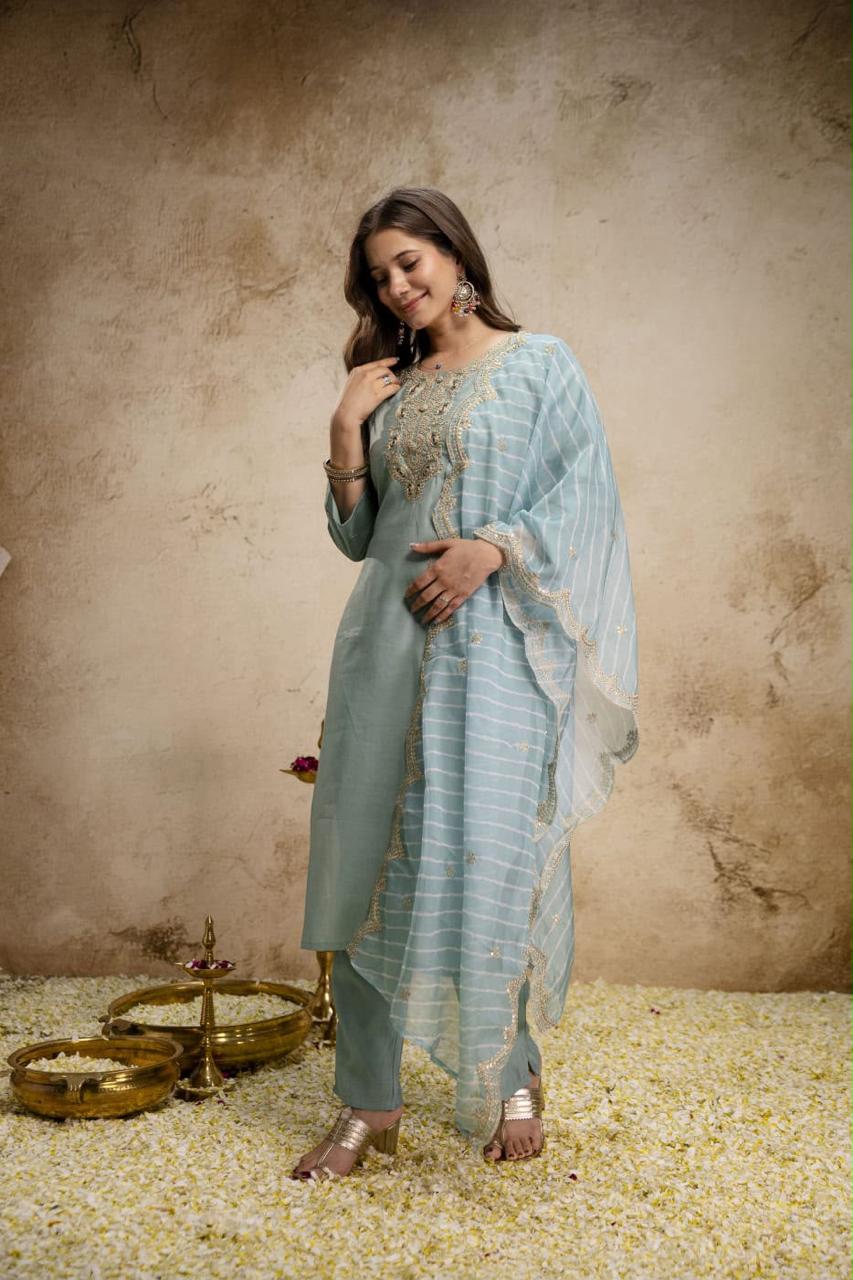 Pure Viscose Chanderi Sequence Coding Embroidery Kurti Pant Dupatta Set